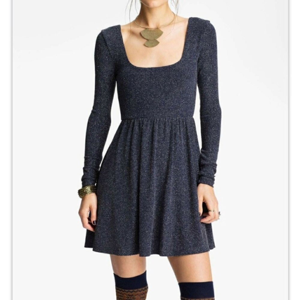 Free People Blue & Metallic Silver Babydoll Dress